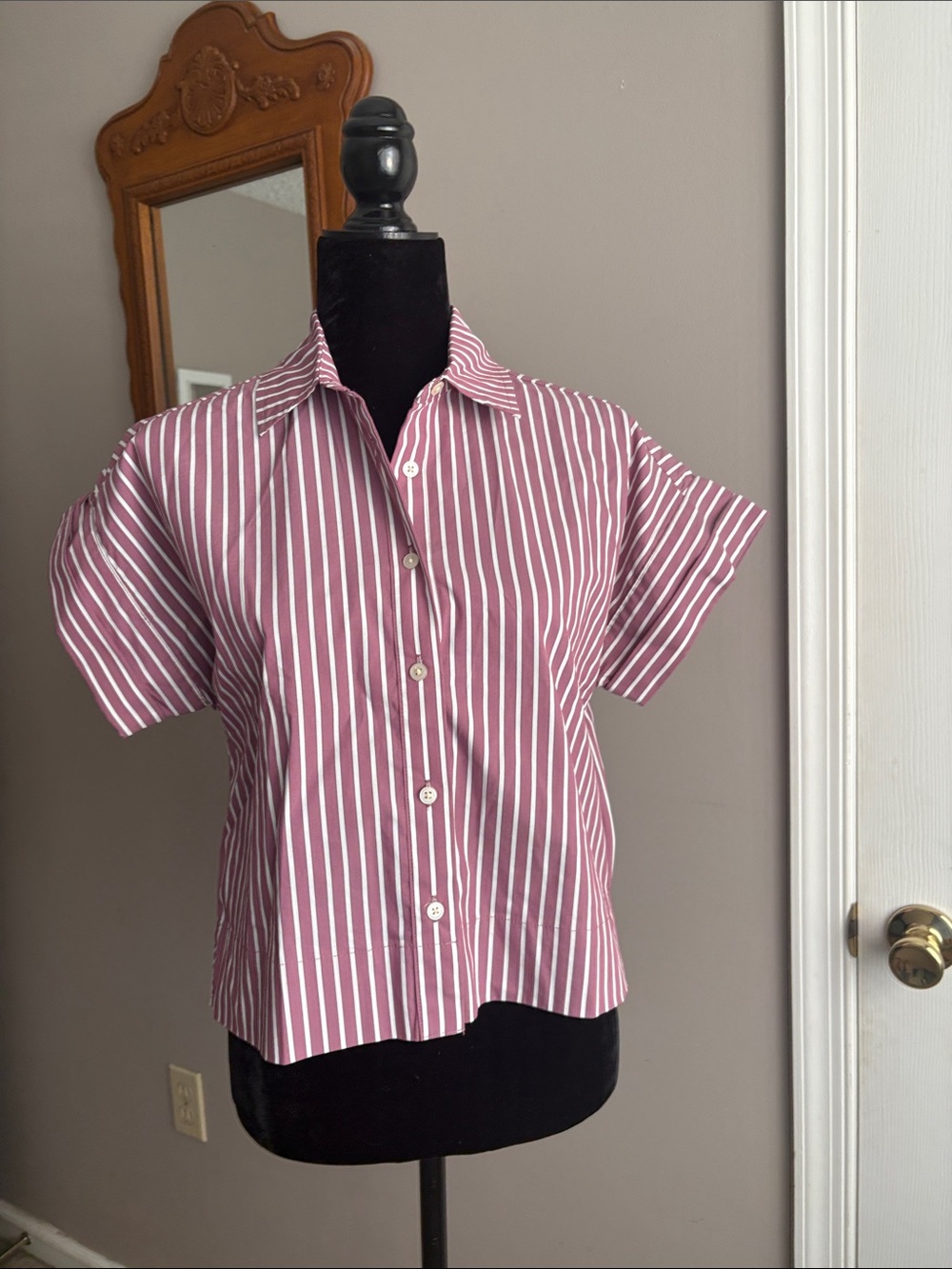 LOFT Pink and White Striped Short-Sleeve Button-Down Shirt